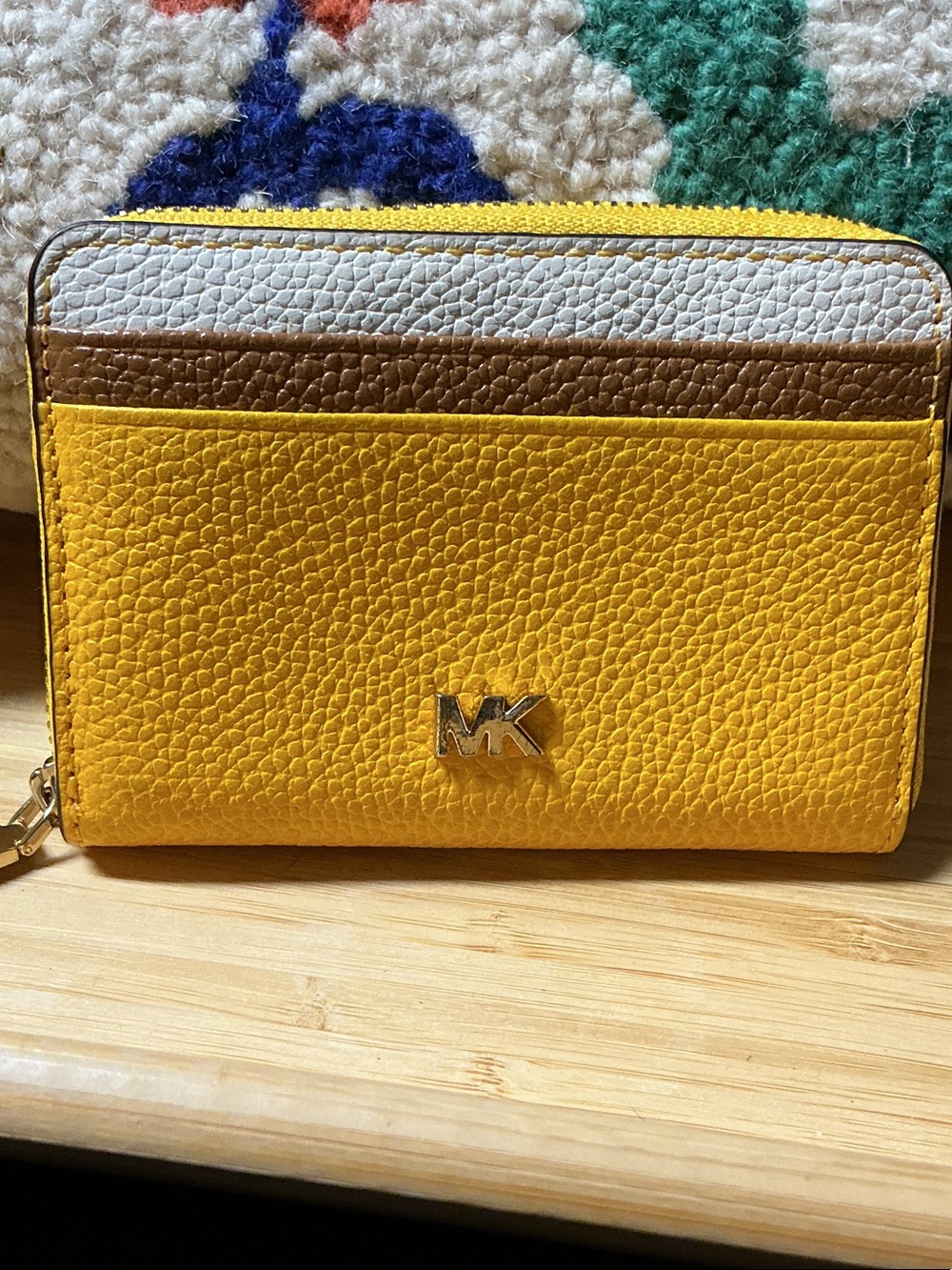 Michael Kors Yellow Pebbled Leather Zip Card Wallet with Brown and Cream Stripes - Picture 2 of 8